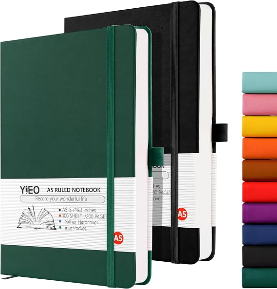 Notebook A5, 2 Pack Hardback Journal Notebook with 398 Lined Pages 80 GSM Leather Notepad with Bookmark, Pen Loop and Expandable Paper Pocket, for Office School Supplies (Black+Green)