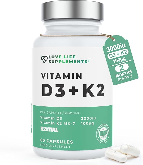 Vitamin D3 K2 Capsules, 3000iu D3 + 100μg K2VITAL® MK-7, 60 Capsules