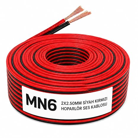 MN6 MN250HKF 2x2.50 mm Hoparlör Kablosu 30 Metre Siyah Kırmızı Kordon Amfi ve Ses Sistemi Kablosu