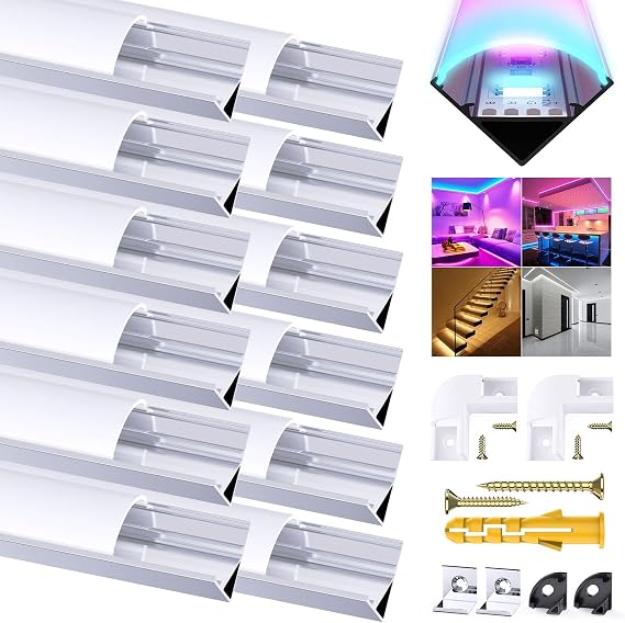 Chesbung 12 Pack V Shape Led Aluminum Profile for LED Strips, 1Meter/3.3ft Led Aluminum Channel with Milky White Cover, Led Track Diffusers with End Caps, Mounting Clips and 90 Degree Corner Connector