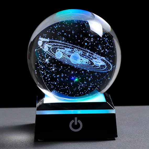 None 3.15" (80 mm) Solar System Crystal Ball 3D Sun System Planets Model Globe with LED Base Home Decorative Ornament Astronomy Gifts (Black Base)