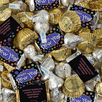 1.62lb Happy New Year Assorted Chocolate Candy Mix - Wrapped Chocolate Miniatures, Silver Foiled Kisses & Gold Mini Peanut Butter Cups - Polka Dot 110Pcs
