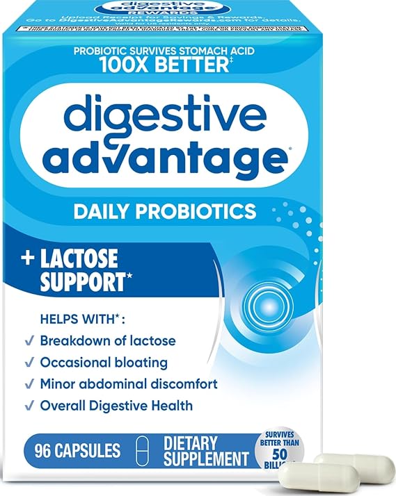 Digestive Advantage Probiotics + Lactase Digestive Enzymes For Digestive Health, Daily Probiotics For Women Men Occasional Bloating, Lactose Breakdown, Minor Abdominal Discomfort, Immune Support, 96ct | Lactase Digestive Enzymes, Digestive Health, Occasional Bloating, Lactose Breakdown, Minor Abdominal Discomfort, Gut health