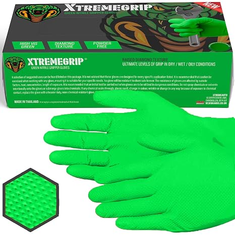 Xtremeauto Nitrile Gloves - Disposable Gloves, Diamond Grip Green - Powder-free & Latex Free Nitrile, Extra Thick & Strong Rubber (1 Box, L)