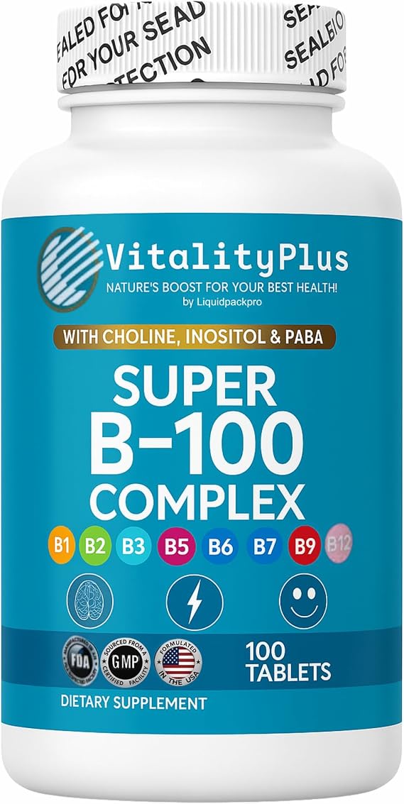 Super B-100 Complex All B Vitamins Including B12, B1, B2, B3, B5, B6, B7, B9, Folate High Potency B-Vitamins with Choline, Inositol & PABA Energy & Metabolism Support 100 Tablets