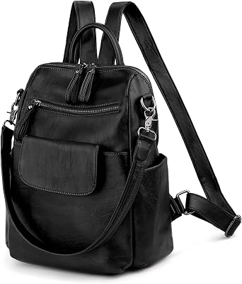 UTO Women Backpack Purse PU Washed Leather Ladies Rucksack Shoulder Bag, Black