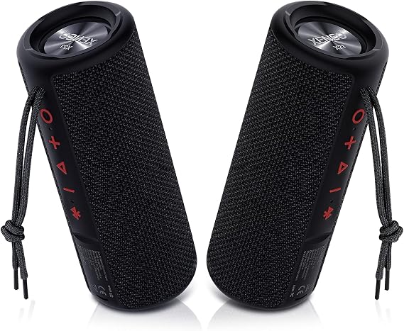 X21 Dual Portable Bluetooth Speakers Waterproof Outdoor Wireless Stereo Pairing with FM Radio, Micro SD Card, IPX6, Aux Jack 30W for Home, Office, Party and Travel (Pack 2 Black)