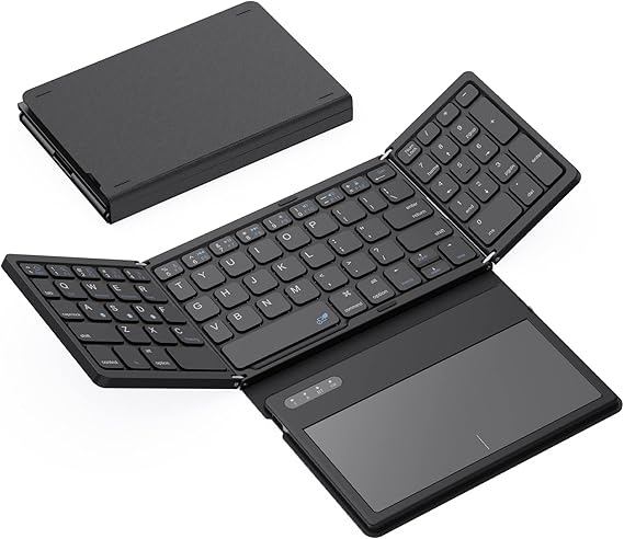 GEODMAER Foldable Bluetooth Keyboard, Portable Full Size Folding Keyboard with Large Touchpad, Numeric Keypad, PU Leather, Wireless TravelKeyboard for Windows Android Mac(Sync up to 3 Devices)
