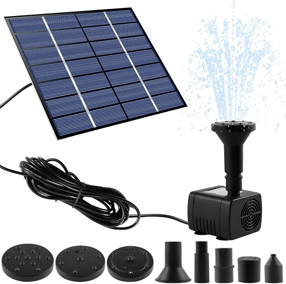 Solar Fountain Pump, 1.5W Solar Powered Water Pump with 3m Cable & 5 Nozzles, Separate Panel, Max. Head: 110cm, 200L/H Submersible Floating Pump for Pond, Garden, Bird Bath, Fish Tank (1PCS)
