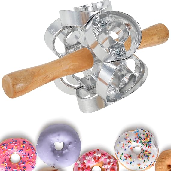 Revolving Doughnut Cutter, Round Shape Donut Cookie Cutter with 6 Stainless Steel Biscuit Mold & Wood Handle, Professional Baking Dough Tools for Baking