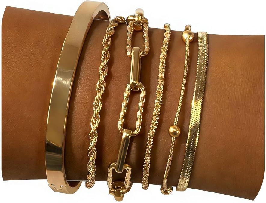 6 pcs Gold Bracelets for Women Set,Exquisite 18K Real Gold-Plated Bracelet Stacking Sets,Waterproof Cuban Chains,Paperclip Chain, Cuff Bangles,Non Tarnish,Jewelry Gifts for Women