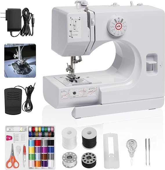 Portable Sewing Machine for Beginners, Mini Sewing Machine Built-in Light, 12 Stitches, High & Low Speeds, Foot Pedal, Reverse Sewing & 42-Piece Kit for Adults, Home, Travel, and Craft Projects