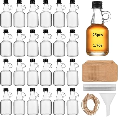 eispap 25 Pcs 1.7 OZ Single ear Mini Glass Liquor Bottles with Lids Small Glass Wine Bottles Reusable Empty Alcohol Bottles with Aluminum Black Screw Cap