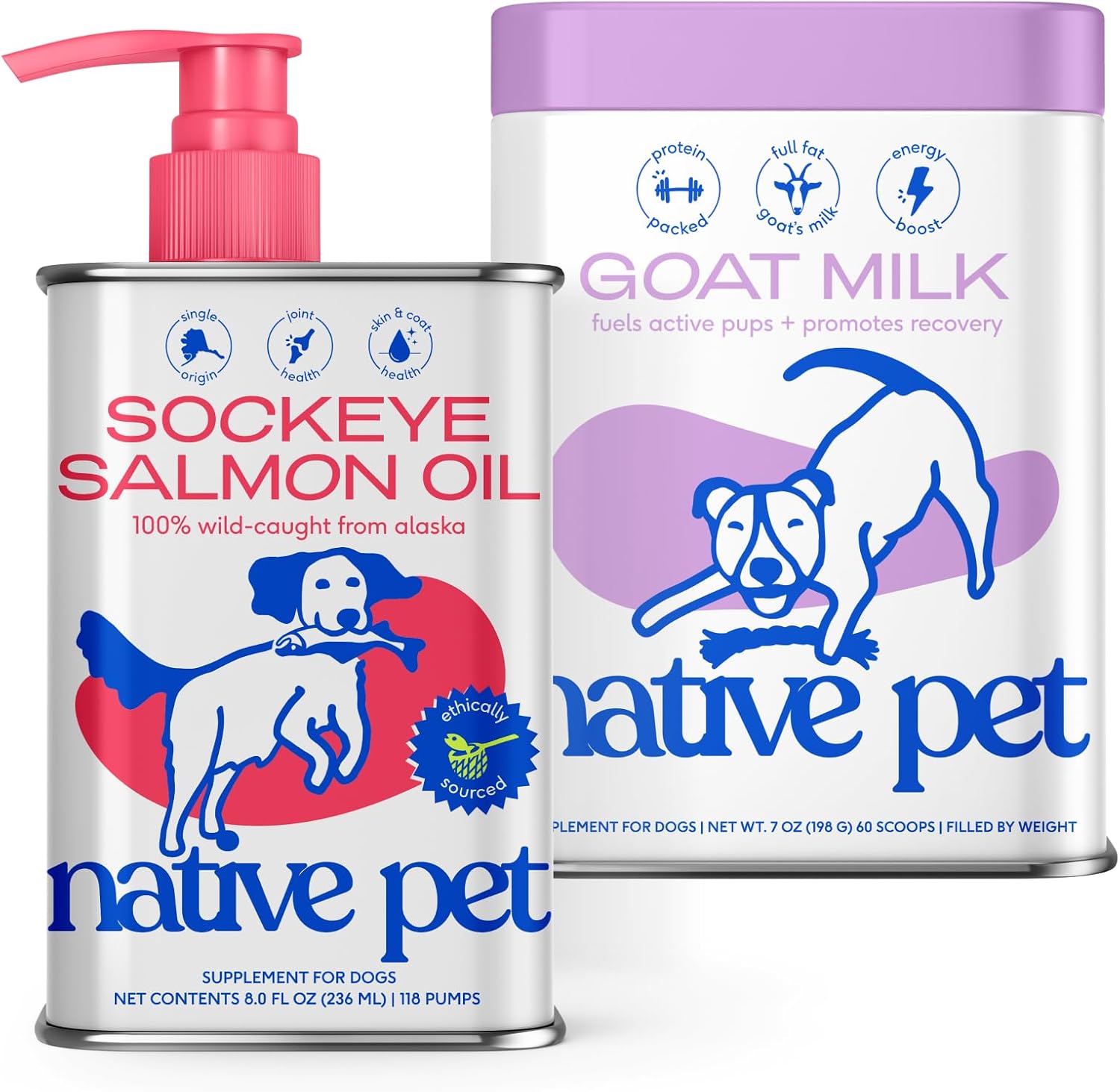 Native Pet Skin & Wellness Bundle: Sockeye Salmon Oil for Dogs 8 Oz. & Goat Milk Powder for Dogs 60 Scoops - Promotes Healthy Skin, Shiny Coat, Strong Joints & Organic Goat Milk Food Topper