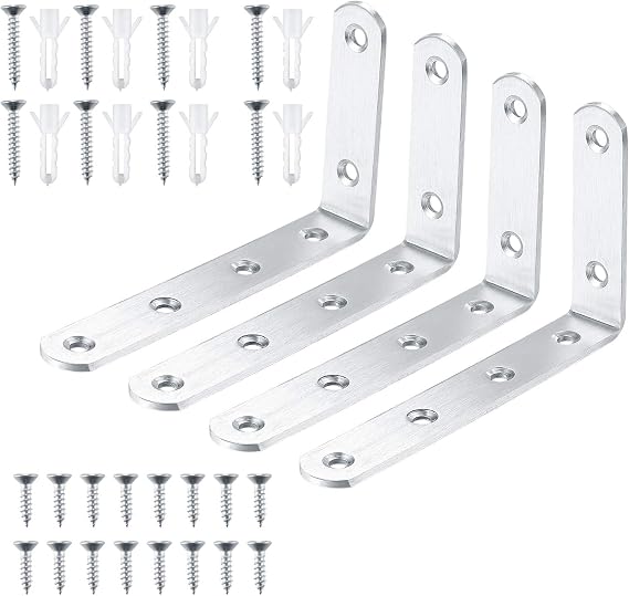 4 Pcs Shelf Brackets, L Shaped Metal Brackets, Right Angle Corner Brace Bracket, Wall Support Brackets, Joint Bracket Fastener with Screw and Anchors for Shelves, Wood, Furniture, Cabinet, Tables