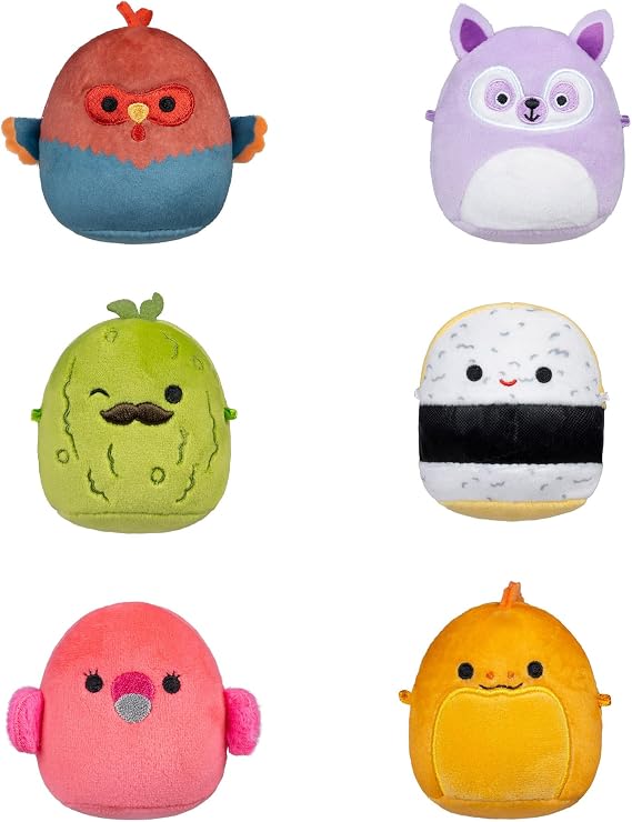 Micromallows Squishmallows Original Plush 6-Pack - Mo the Egg Sushi, Onel the Eel, Reed the Rooster, Layla the Lemur, Charles the Pickle, Cookie the Flamingo