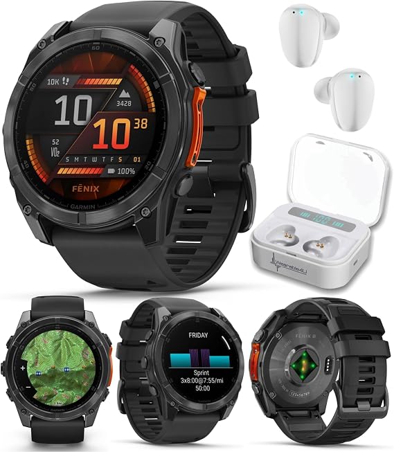Garmin Fenix 8 51 mm, AMOLED Multisport GPS Smartwatch, Slate Gray with Black Silicone Band, Built-in LED Flashlight, Voice Control White Earbuds Bundle