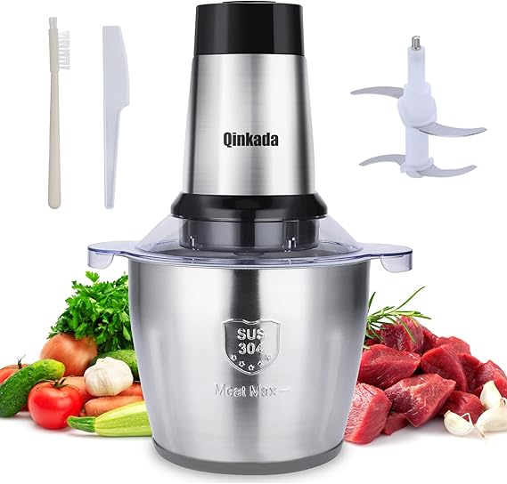 Qinkada Food Processor, 500W Meat Grinder, 14Cup Stainless Steel Bowl | Powerful with 3 Speed Modes 4 Bi-Level Blades for Onion, Meat, Nuts, Fruit, Garlic, Vegetable, Baby Food