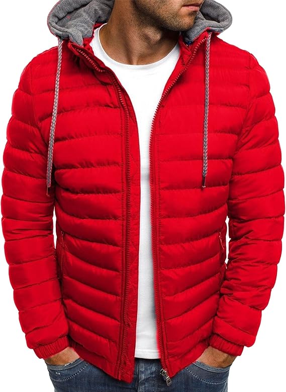 Men's Slim Thermal Puffy Jacket Coat Winter Full Zipper Drawstring Hooded Packable Winter Coat with Hood (Red,Large)