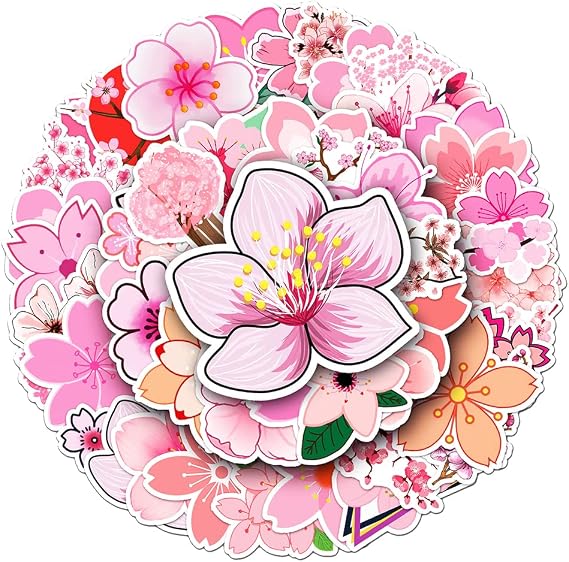 50 PCS Aesthetic Waterproof Pink Cherry Blossom Vinyl Stickers Pack | Illustrated Floral Decals for Laptops, Scrapbooking, Journals, Notebooks, Water Bottles, Suitcases, Phones & DIY Decor