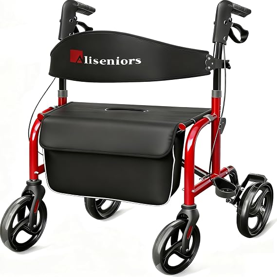 Aliseniors Bariatric Rollator Walker with Wide Seat, Heavy Duty 500lbs Red
