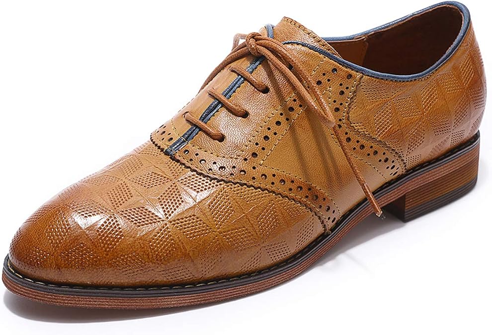 Mona flying Women's Comfort Embossed Oxfords Brogue Lace-up Leather Shoes | Premium Sheepskin Upper,Unique Geometric Embossed Patterns,Breathable Leather Lining,Snug Cushioned Insole,Anti-slip Outsole