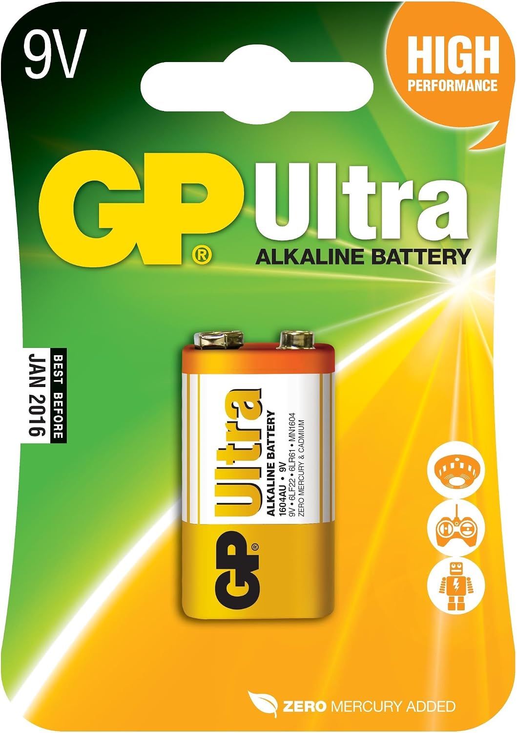 Gp Batteries Gp1604Au Ultra Alkaline 6Lf225229V Battery, 9 Volt, Single Card