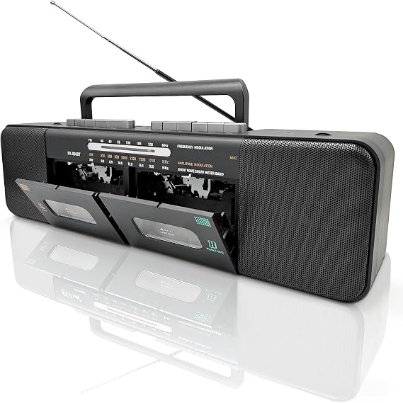 Retro Boombox with Dual Cassette Player, 7200mAh Battery, Bluetooth & 4-Band Radio (AM/FM/SW) Convert Tape to MP3 via USB, Tape Recorder & Headphone Jack for Home & Outdoor