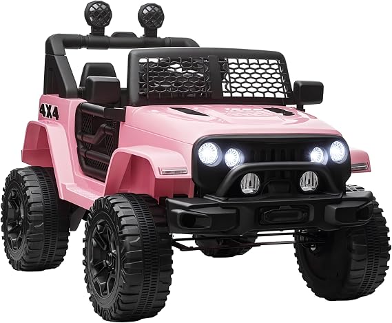 Aosom 12V Kids Ride On Truck with Parent Remote Control LED Lights Pink | Battery Powered Electric Car, Spring Suspension, Adjustable Speed, Horn