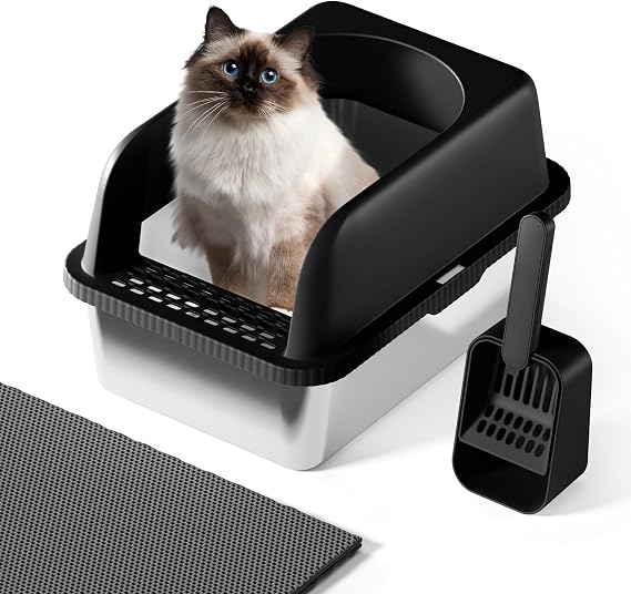 Stainless Steel Cat Litter Box with Lid, 20" L x 14.2" W x11.8 H, Large Cat Litter Box for Multiple Cats with High Sided, No-Leak & Stick, Easy to Clean, Includes Litter Mat & Multi Functional Scoop