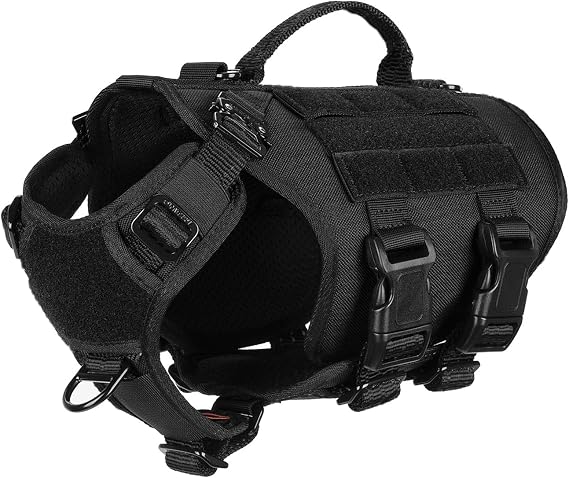 ICEFANG No Pull Tactical Dog Harness for X-Small Dogs,Adjustable Dog Vest | Control Handle,MOLLE Panel,Front Hook,3 Leash Clips,Soft Padded,for walking training,Black,X-Small