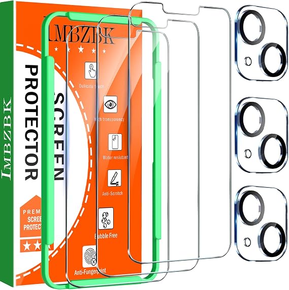 IMBZBK Screen Protector for iPhone 13, Tempered Glass, 3+3 Pack | 9H+ Hardness, Military Grade Shatterproof, Case Friendly, Bubble Free Easy Installation Frame, with 3 Camera Lens Protectors