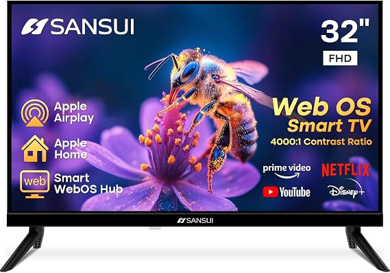 SANSUI 32 inch FHD Smart WebOS TV|Frameless Screen with chromecast Built in | 4000:1 Contrast Ratio|WebOS Hub with 28W Speakers & Apple HomeKit & Live TV| Support Airplay & WiFi & Bluetooth 5.2