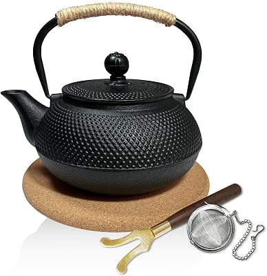 Japanese Cast Iron Teapot,Cast Iron Tea Kettle Stovetop Safe, Tea Kettle with Stainless Steel Infuser,For WoodCampfireGas Stove Top22 oz650 ml,Black