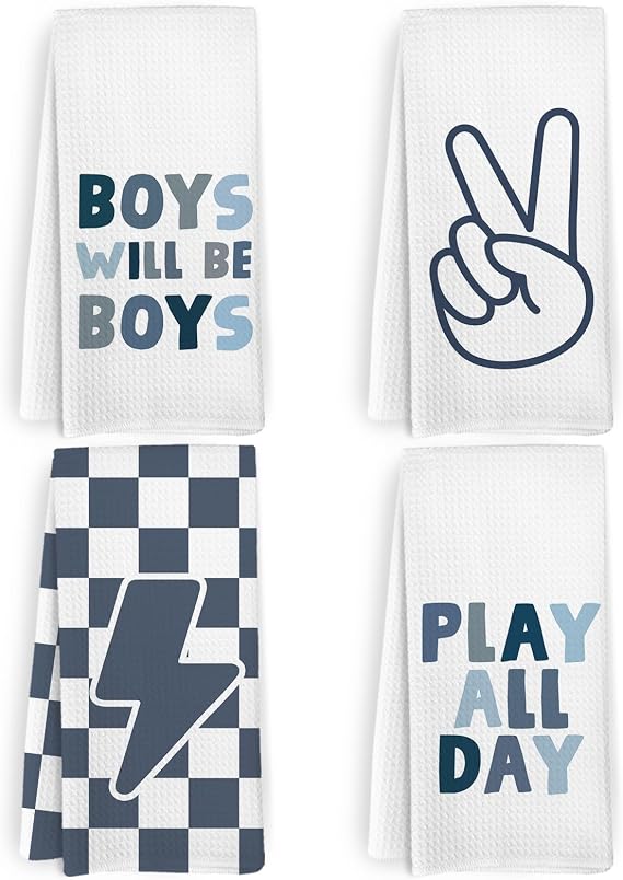 Blue Boys Kids Hand Tea Towel Set of 4 for Bathroom, Blue Checkered Dish Towels, Motivational Affirmation Decorative Dish Tea Towel for Kitchen, Boys Bathroom Decor, 16x24 Inches