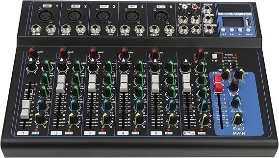 Professional Mixer Sound Board Console 7 Channel USB Audio Interface Digital Mixer 48V Phantom Power Soundboard, Black, Suitable for KTV and Bars