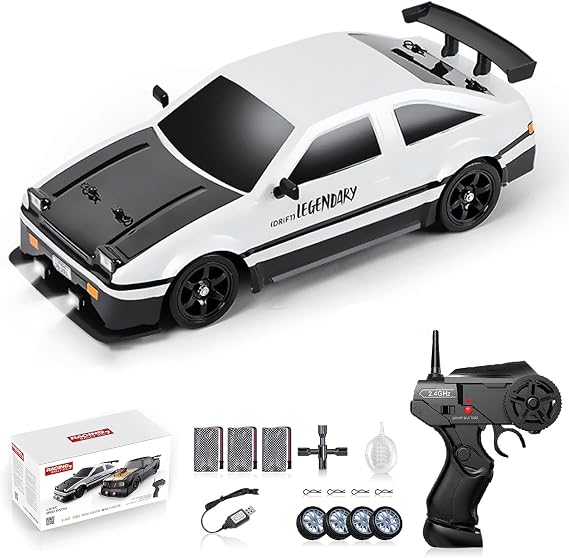 RC Drift Car, 1:16 Scale AE86 Model RC Drift Car, 4WD 18KM/h High Speed Remote Control Cars with LED Lights, Spray, Drifting Tires, Sport Racing On-Road Vehicle for Teens Adults