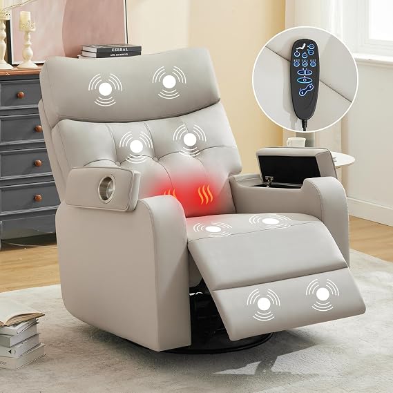 Power Swivel Rocker Recliner with Massage & Heat,Leather Glider Recliner