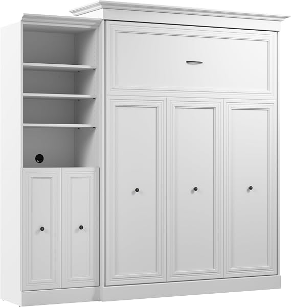 Bestar Queen Murphy Bed with Closet Organizer, White, Versatile, 92W | Closet Organizer with Doors; dual piston mechanism; for guest room or multipurpose space;