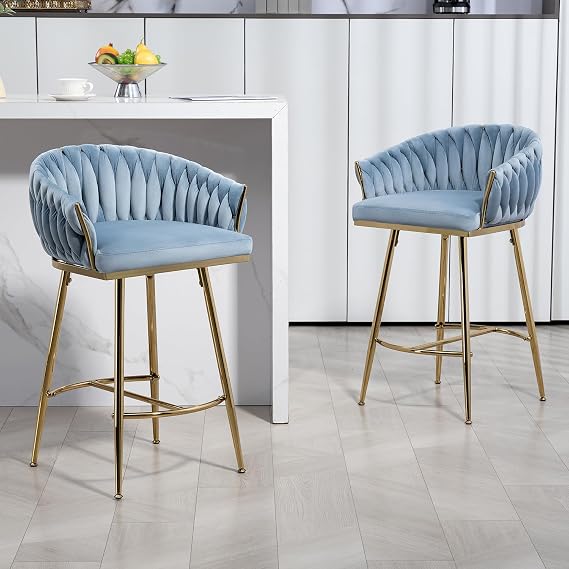 Modern Blue 2-Piece Bar Height Bar Chair, 26'' Velvet Kitchen Island Counter Bar Stool with Back Upholstered Kitchen Stool,Golden Chromed Base and Footrest,Suitable for Kitchen (Blue + Velvet.)