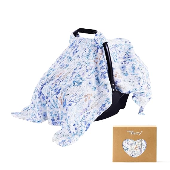 TILLYOU Baby Car Seat Cover, Breathable Muslin Cotton Infant Car Seat Cover, Lightweight Canopy with Sun and Bug ProtectionBlue Flower