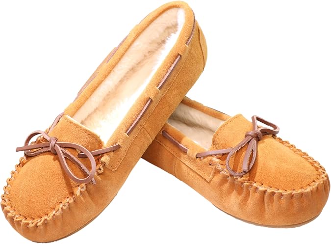 PEDOQU Women's Moccasin Slippers Cow Suede Warm Faux Fur Pile Lined Lace-Up Cozy Bow Indoor & Outdoor Moccasins Slip On Loafers Shoes for Women