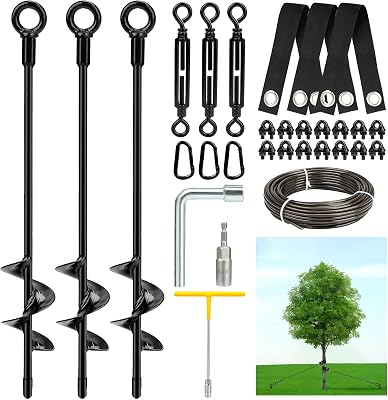 3 Pack 18 Tree Stakes and Supports for Leaning Trees, Tree Stake Kit Heavy Duty, Tree Supports Stakes with 3 Straps & 3 Turnbuckles & 316 PVC Coated Wire Rope