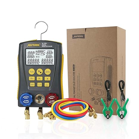 AUTOOL Refrigeration Digital Manifold Gauge Meter, HVAC Gauge Digital AC Manifold Gauge Set Dignostic Meter with Test Clip and Pipe
