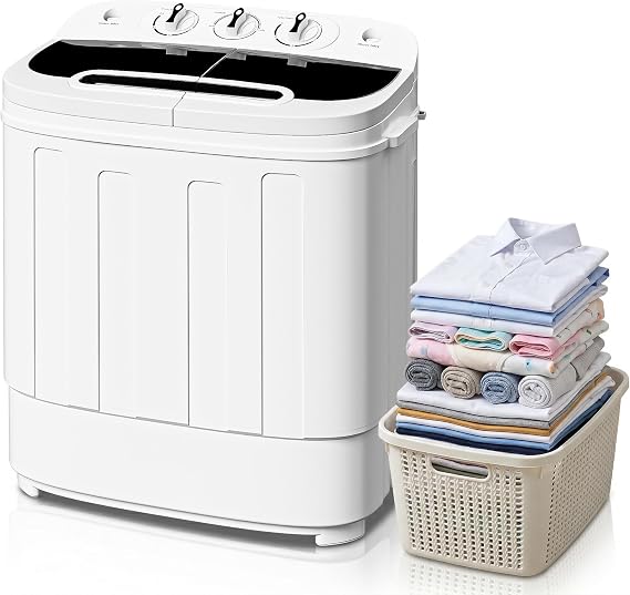 SUPER DEAL Compact Mini Twin Tub Washing Machine 13lbs Capacity Portable Washer Wash and Spin Cycle Combo, Built-in Gravity Drain for Camping, Apartments, Dorms, College, RVs and Small Spaces