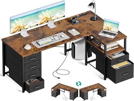 AODK Computer Desk with 6 Drawers, Gaming Desk with Power Outlets, L-Shaped Desk, Desk, Table, Width 140, PC Desk with Shelf, Desk, Storage, Work, Office Desk, Work from Home, For Work, Easy Assembly