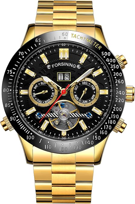 FORSINING Tourbillon Automatic Mechanical Self-Wind Luxury Stainless Steel 44mm Big Dial Mens Wrist Watch with Sub Dial