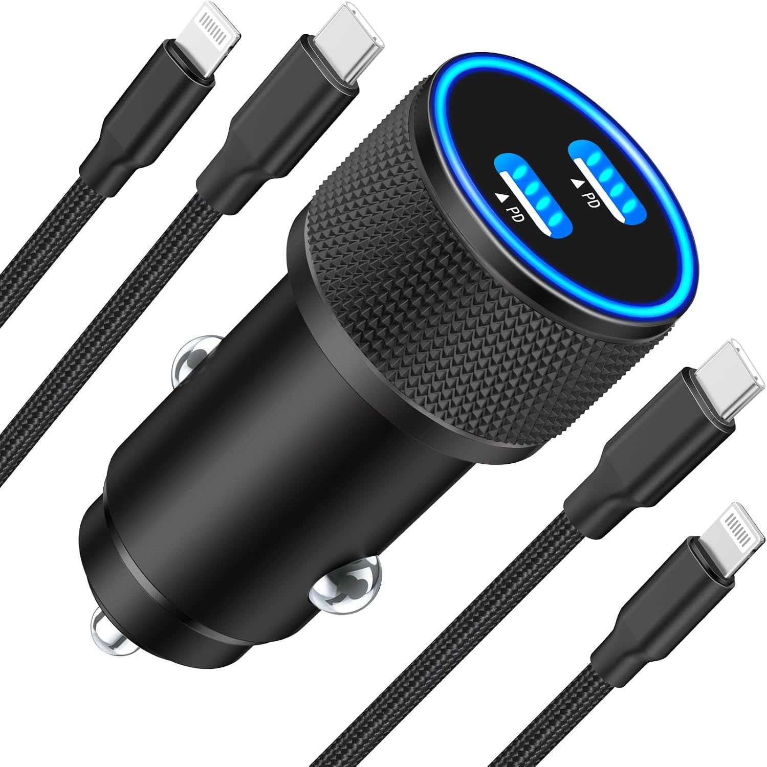 MFi Certified】iPhone Fast Car Charger, Linocell 60W Dual PD Car Power Cigarette Lighter USB-C Car Carplay Fast Charger with 2Pack Type-C to Lightning Braided Cable for iPhone 14 13 12 11 Pro XS iPad