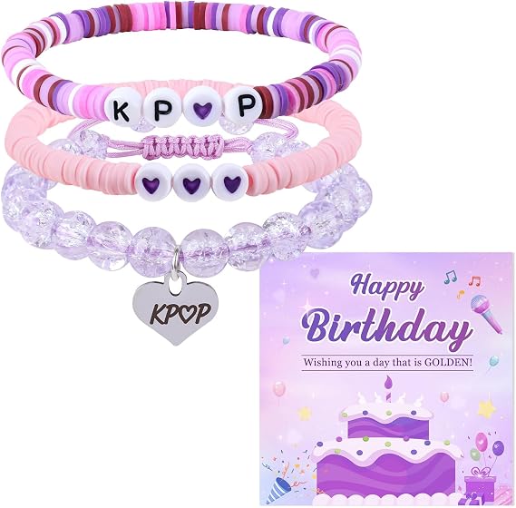 3PCS Kpop Bracelet Set, Demon Hunter Beaded Bracelets with Greeting Card, Stackable Stretch Bracelets Aesthetic Jewellery Gift Set for Women Girls Birthdays Concerts Daily Wear