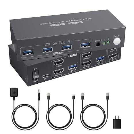 HDMI KVM Switch 2 Monitors 2 Computers 4K@60Hz, Dual Monitor for 2 PC/Laptops, 4 USB 3.0, EDID Adaptive, Desktop Controller (2USB Cables & 1Power Adapter Included)